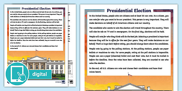Third Grade Presidential Election Reading Comprehension Activity