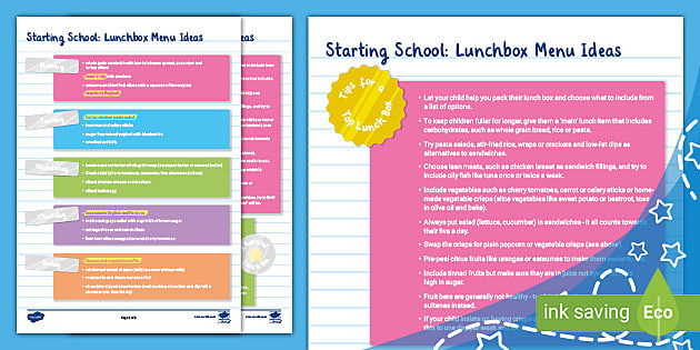 Starting School: Lunch Box Menu Ideas (teacher made)