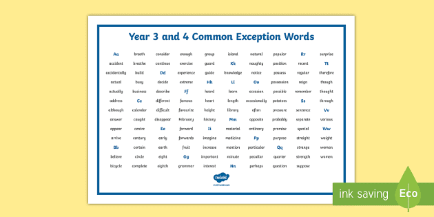 Year 3 and Year 4 Laminated Common Exception Word Mat Vocabulary. Education 