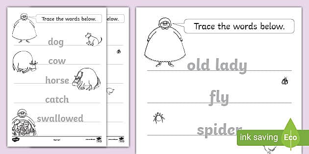 There Was An Old Lady Who Swallowed A Fly Trace Words Worksheets