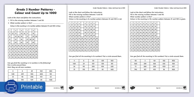 Grade 3 Number Patterns: Colour and Count Up to 1000