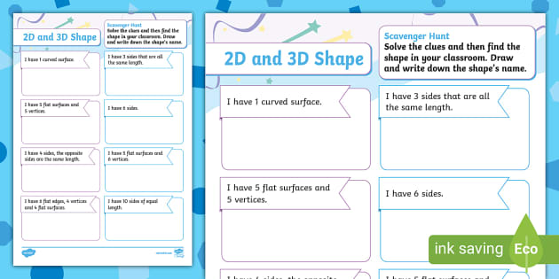 👉 2D and 3D Shape Scavenger Hunt Worksheet (teacher made)