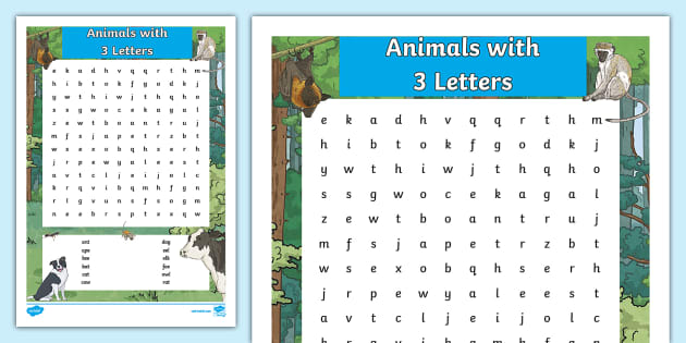 Animals with Three Letters Word Search (teacher made)