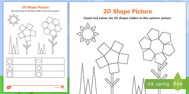 summer themed count and colour 2d shape picture worksheet