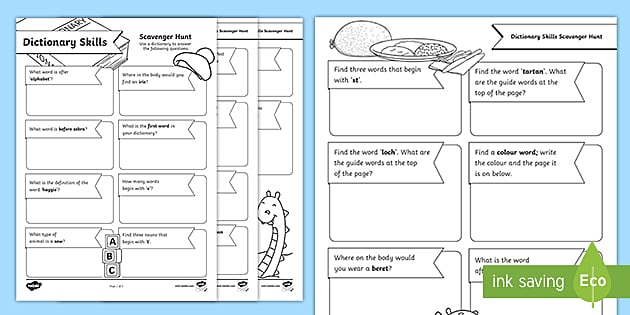 Using a Dictionary Scavenger Hunt Worksheet