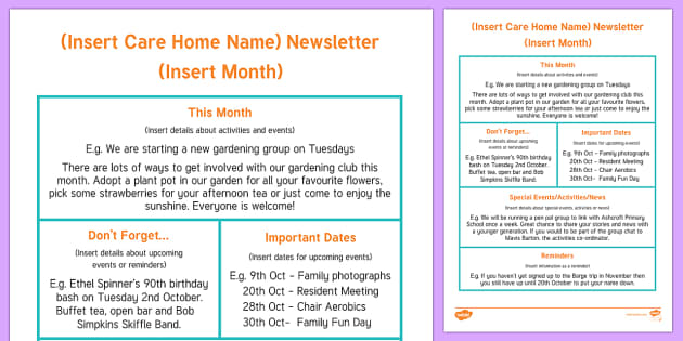 Care Home Newsletter Writing Template - Twinkl