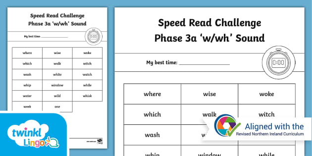 NI Linguistic Phonics Phase 3a 'w/wh' Sound Speed Read Challenge