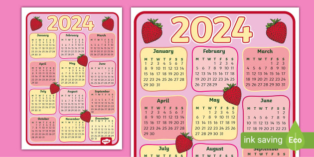 Strawberry-Themed 2024 Wall Calendar Poster (Teacher-Made)