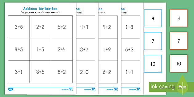Addition Math Game Tic Tac Toe To Ten Math Pre K And K 2