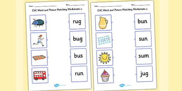 CVC Word and Picture Matching Worksheets u - cvc, word, match