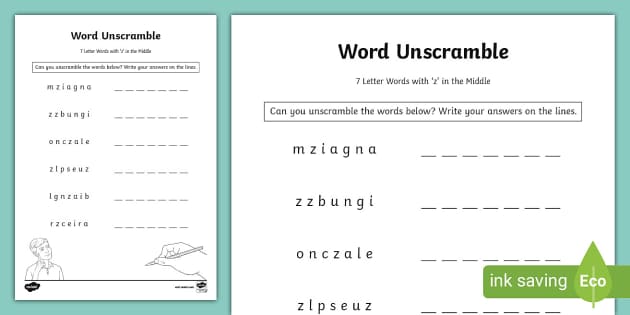 unscramble-the-7-letter-words-with-z-in-the-middle-worksheet