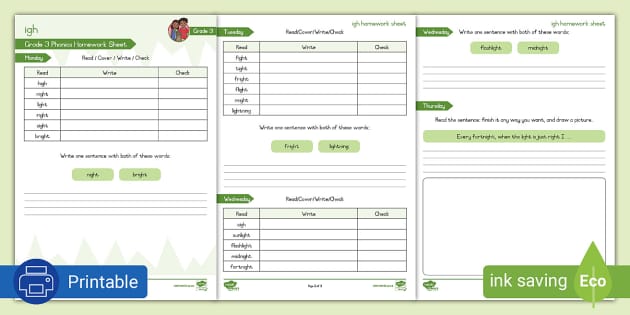 Grade 3 Phonics: igh Homework Sheet (teacher made) - Twinkl