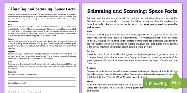 Space Facts Skimming and Scanning Worksheets and answers PDF
