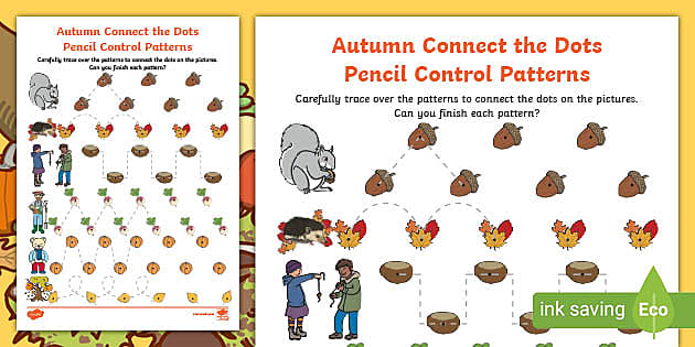 Autumn Connect the Dots Pencil Control Patterns Worksheet