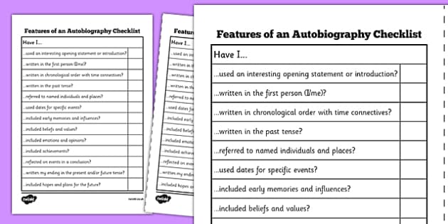 features of an autobiography checklist