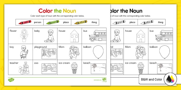 Kindergarten Color the Noun Worksheet (teacher made)