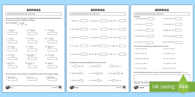 bodmas order of operations worksheets