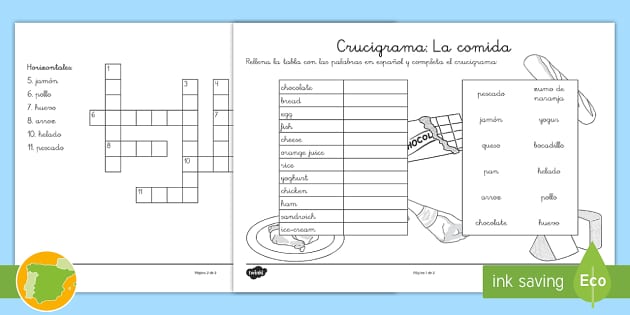 A1 Ficha de actividad: Crucigrama: La comida - Inglés - Inglés