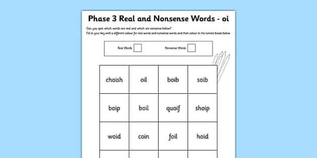 worksheet phoneme n Nonsense oi 3 Words Real Phoneme and Colour Phase by