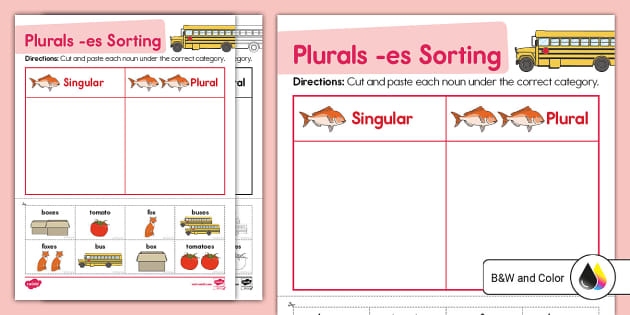 Kindergarten Plurals es Sorting Cut and Paste Worksheet