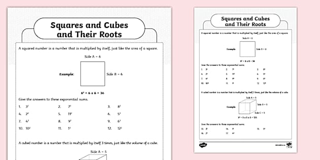 Squares and Cubes and Their Roots Activity Sheet - Twinkl