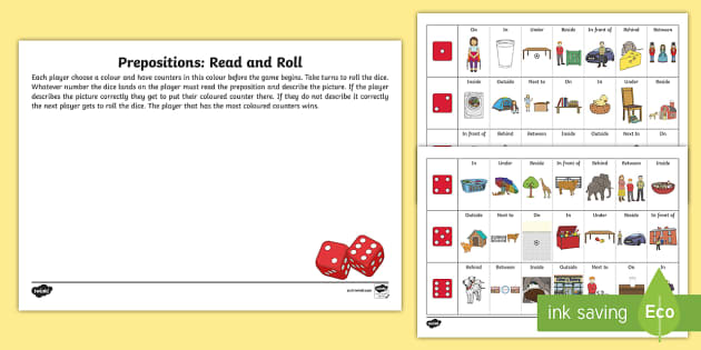 Preposition Roll and Read Worksheet / Worksheet - Twinkl