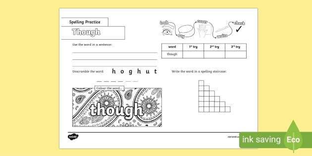 Though Spelling Practice Worksheet (teacher made) - Twinkl