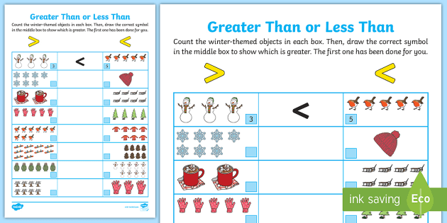 winter themed greater than or less than up to 10 worksheet