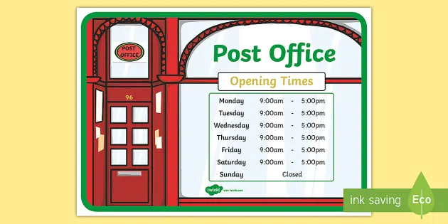 Post Office Role Play Opening Times Display Poster Post Office