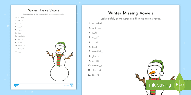 winter missing vowels worksheet worksheet teacher made