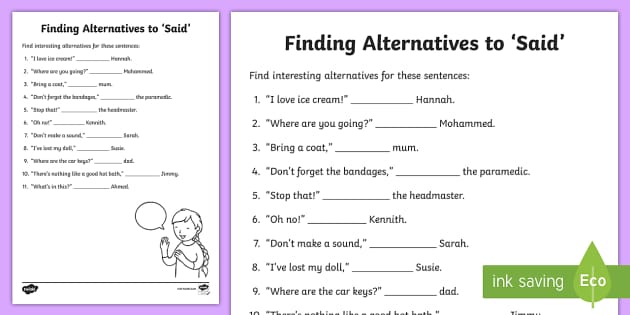 synonyms for said worksheet alternatives for said