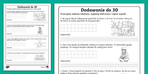 Dodawanie I Odejmowanie W Zakresie 30 Dodawanie w zakresie 30 | Zadania tekstowe (Teacher-Made)