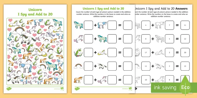 unicorn i spy and add to 20 teacher made