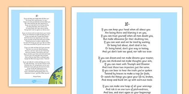 Rudyard Kipling Poem - IF - Text Art Motivational Poster - Posters