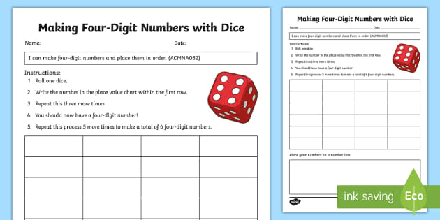 Making Four Digit Numbers with Dice Open Ended Place Value Worksheet