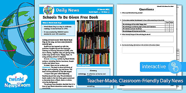 FREE! - World Book Day News Story Activity for KS2 (Ages 7-9)