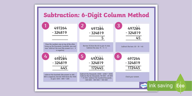 Subtracting 6 Digit Numbers Using Column Method Display Poster 7538