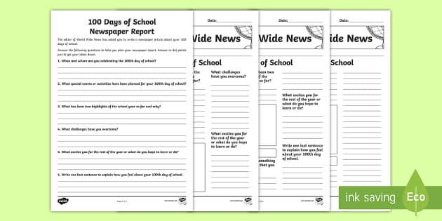 100 Days Of School Newspaper Writing Template Year 3 6