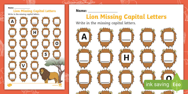 FREE! - Lion Missing Capital Letters Worksheet - Twinkl
