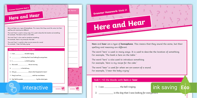 Grammar Homework Week 21 Here And Hear 3rd/4th Class