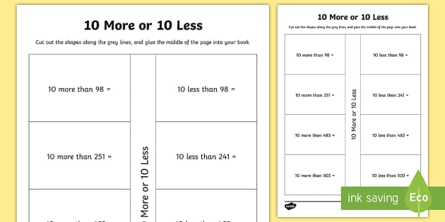 Ten More and Ten Less Worksheet Activity (teacher made)