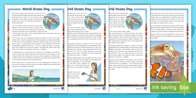 World Ocean Day Differentiated Reading Comprehension