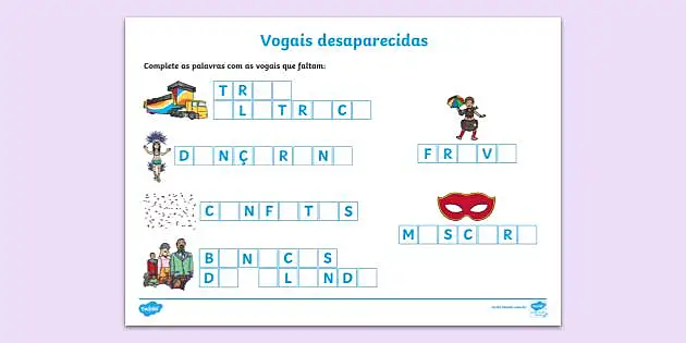 Atividade de Carnaval para Alfabetização - Vogais - Twinkl, jogos