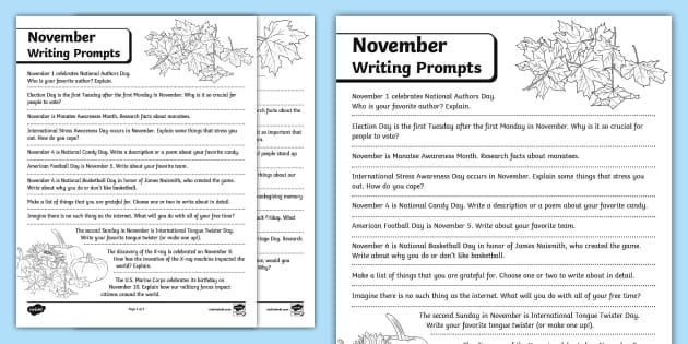Eighth Grade Journal by the Month - November Writing Prompts