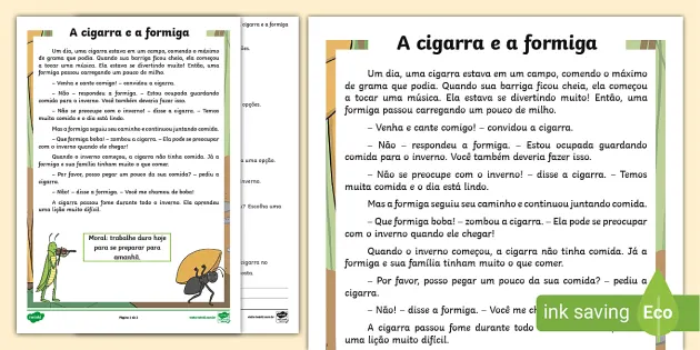 Fábula: A Cigarra e a Formiga - Atividade Educativa para Pré