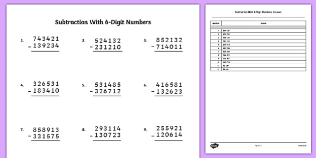 subtraction with 6 digit numbers teacher made