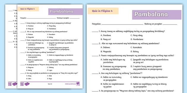 Grade 4 Filipino Quiz - Pambalana - Twinkl