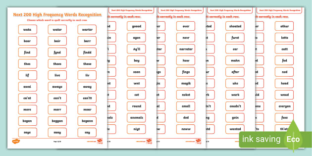 200 High Frequency Words - Recognition Activity Sheet - KS1