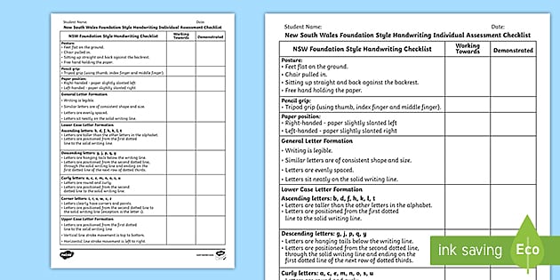 Nsw Foundation Style Handwriting Individual Assessment Checklist