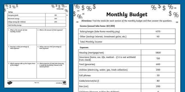 Seventh Grade Monthly Budget Worksheet (teacher made)